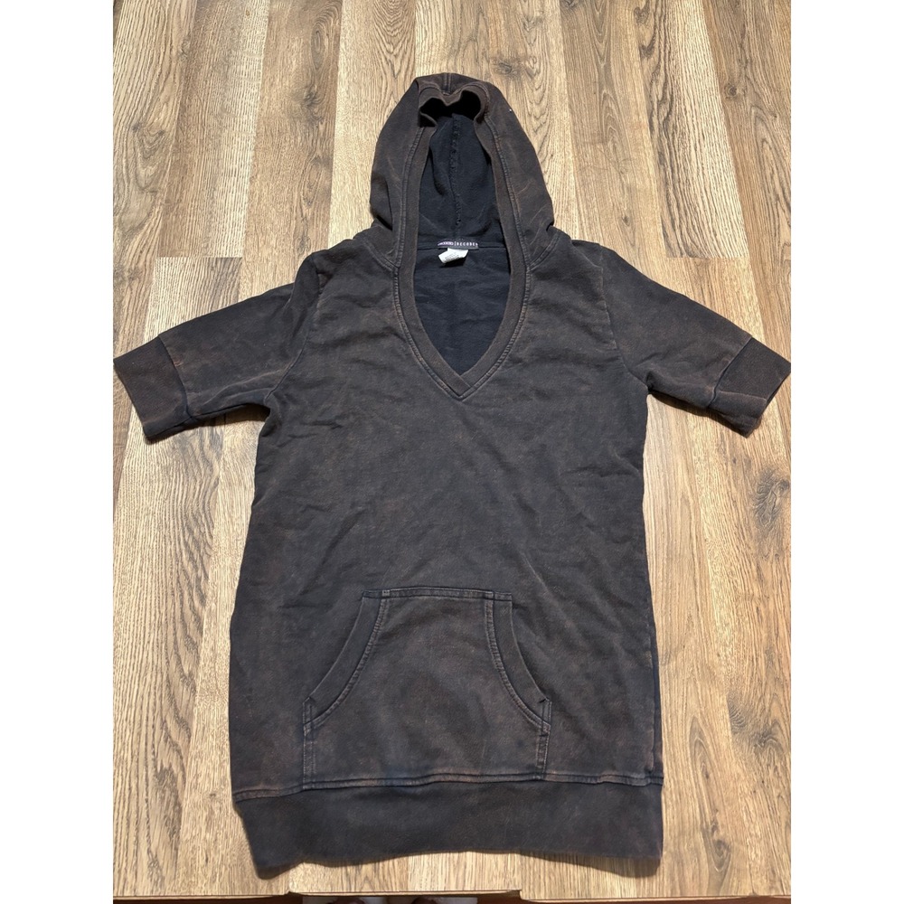Decoded Short Sleeve Hoodie Women Size Medium Black Acid Wash Pullover V-Neck